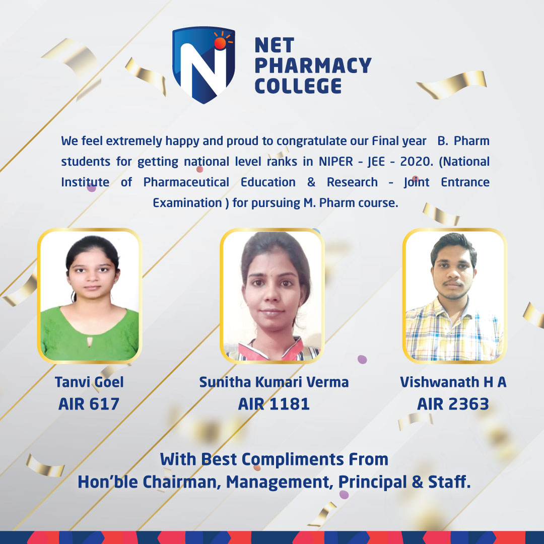 National level ranks in NIPER – JEE – 2020.