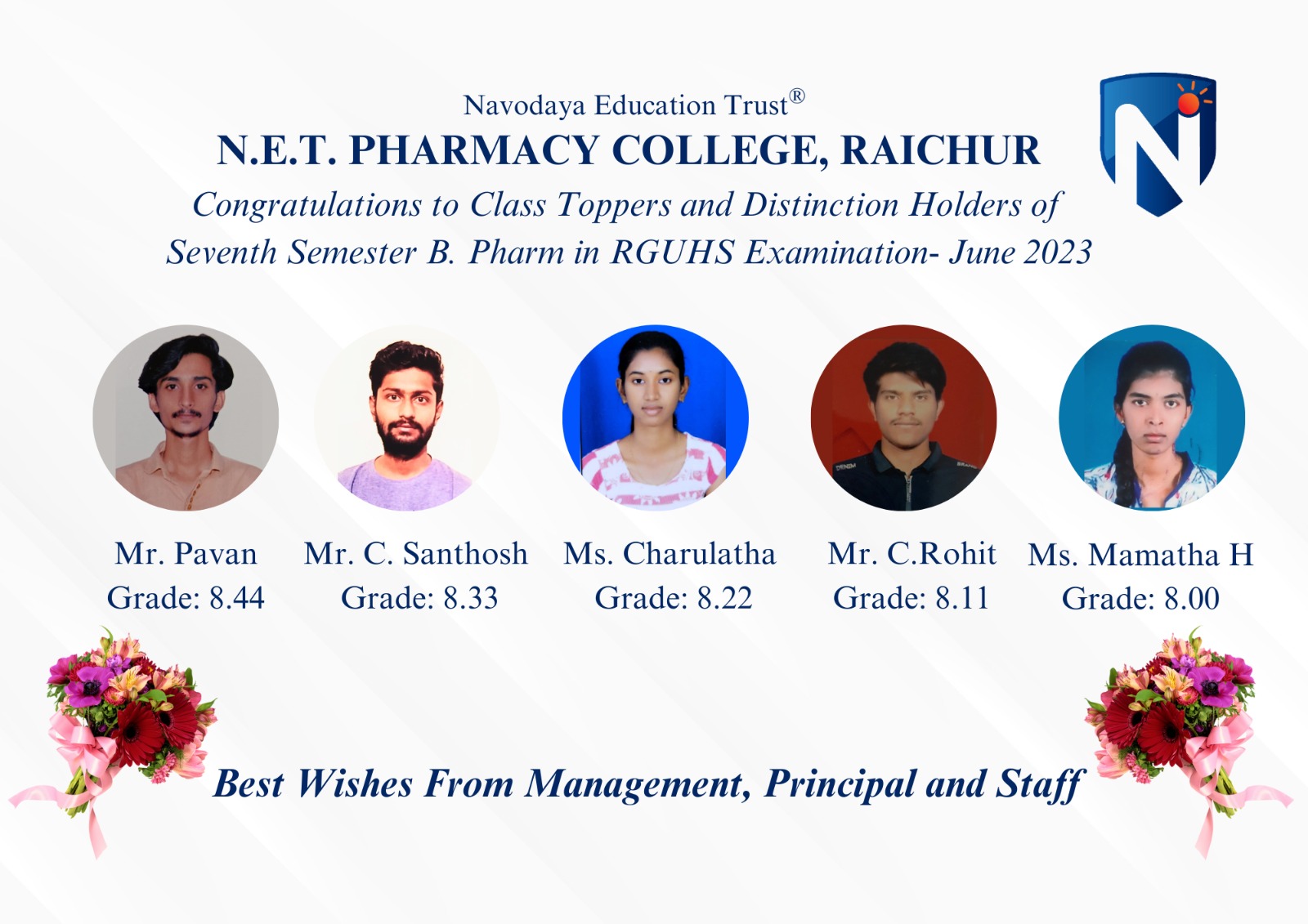 Toppers Of B.Pharm 1,3,5,7 Semesters In RGUHS Examination -June 2023 ...